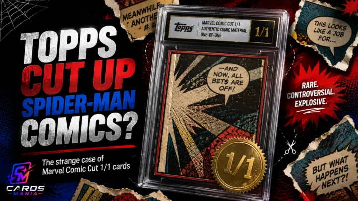 Topps Marvel Comic Cut 1/1 card made from Spider-Man comic material, featured in a Cards Mania blog cover about vintage comics being cut into trading cards.