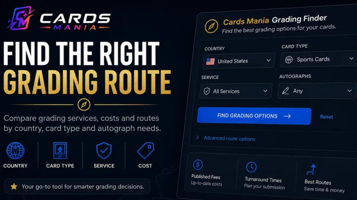 Cards Mania Grading Finder interface for comparing grading services, costs, routes, card types and autograph needs.
