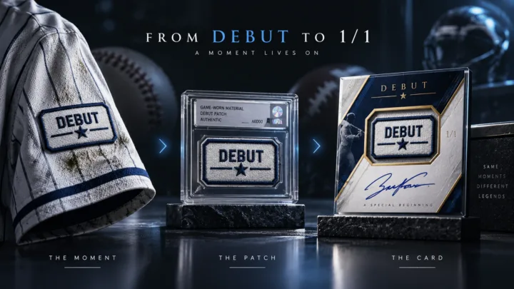 Debut patch moving from game-worn sports gear through authentication into a signed one-of-one trading card