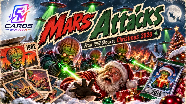 Cards Mania cover image showing Mars Attacks aliens invading a snowy Christmas town, with Santa under attack, vintage 1962 Mars Attacks cards, a 2026 holiday pack, and the title “Mars Attacks: From 1962 Shock to Christmas 2026.”