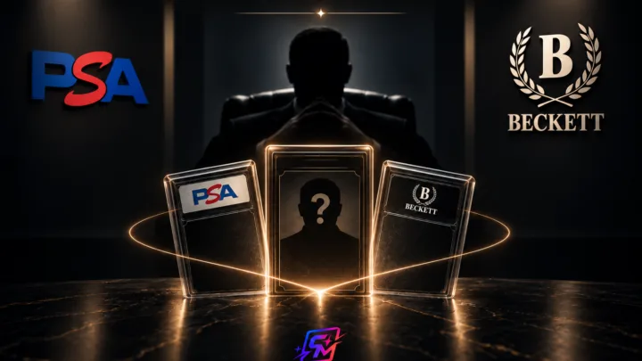 Dark, cinematic blog cover showing a mysterious silhouetted executive behind three graded card slabs, with PSA on the left, Beckett on the right, and a glowing central mystery