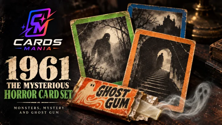 Vintage-style 1961 Nu-Cards Horror Monsters cover featuring green, orange and blue-bordered horror cards, Ghost Gum packaging and the Cards Mania logo.