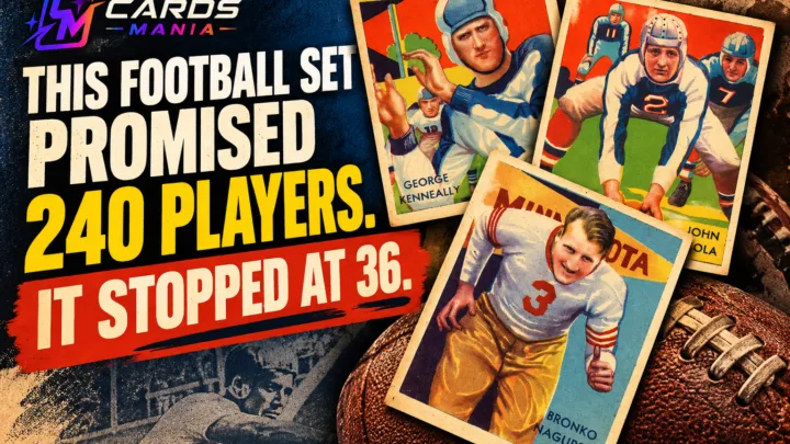 1935 National Chicle football cards featuring Bronko Nagurski, George Kenneally and John Isola with Cards Mania branding and the 240-player mystery headline.