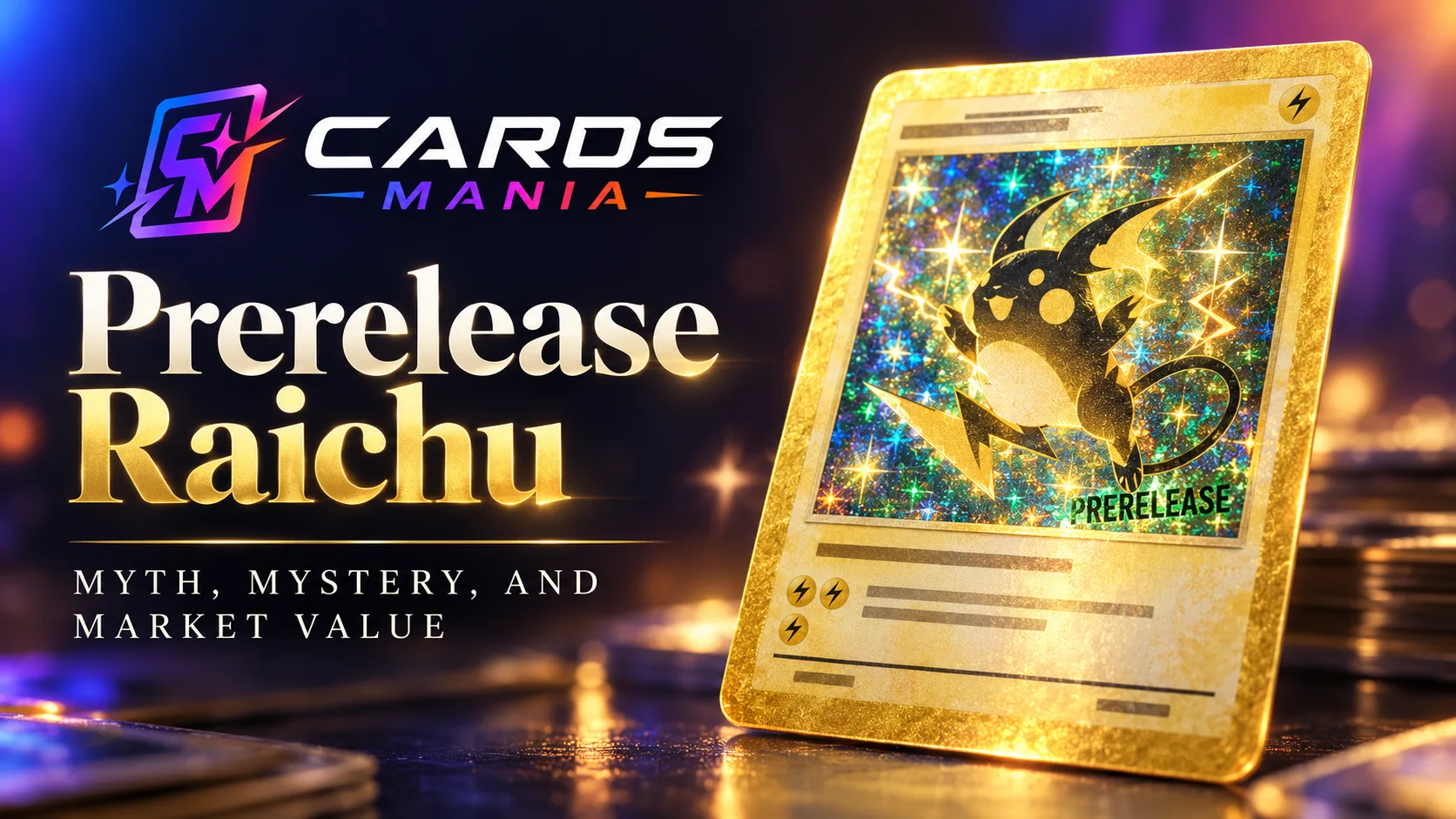 » Cards Mania Prerelease Raichu mystery cover with Cards Mania branding and a stylized vintage trading card display