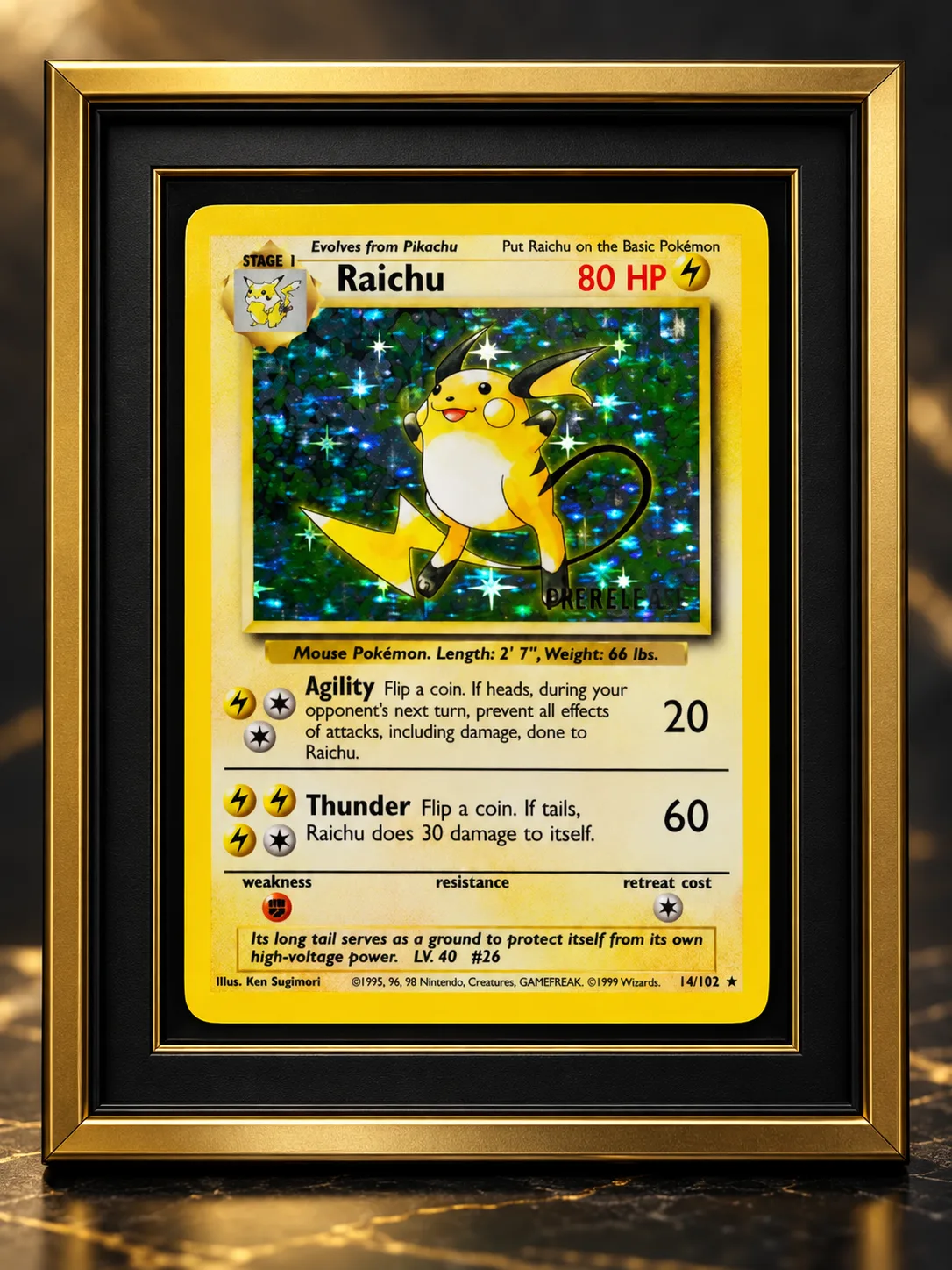 Prerelease Raichu Pokémon card in a black and gold collector frame